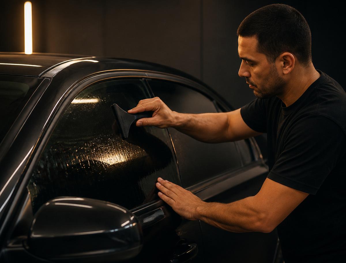Installer squeegeeing ceramic window tint film onto a car window