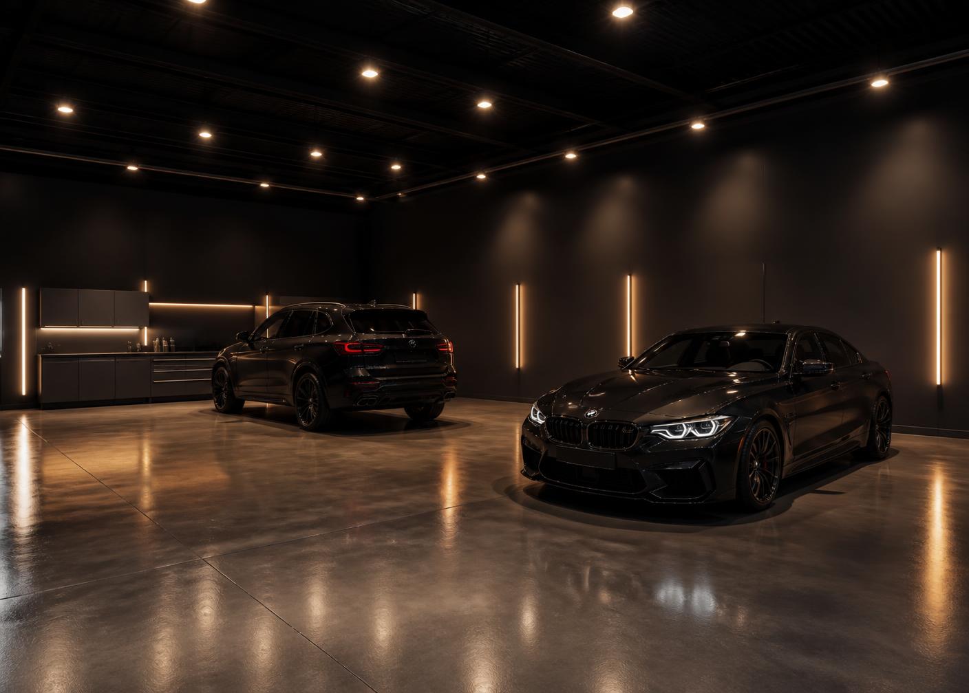 Interior of the M3 Auto detailing studio with two dark vehicles under warm lighting